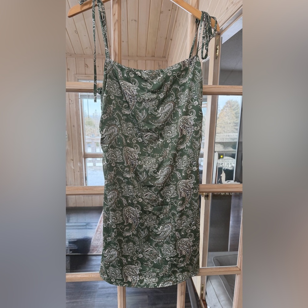 Green Paisley Short Dress with tie up straps